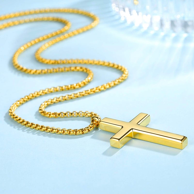 REVEMCN Simple Menâ€™s Stainless Steel Cross Pendant Chain Necklace for Men Women, 20-24 Inches Chain (20, Gold Tone - Rolo Cable Chain) - Image 4